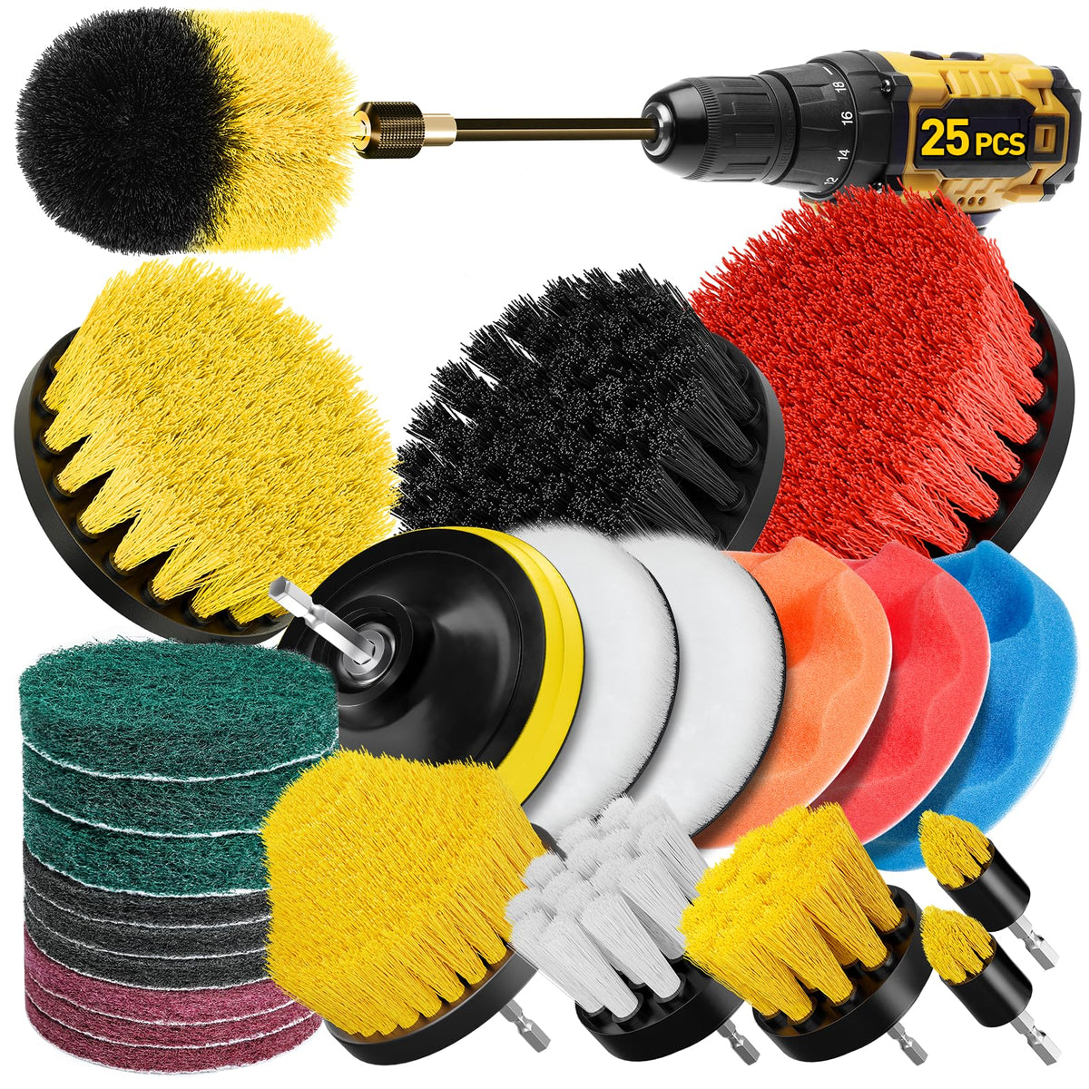 25 Pack Drill Brush Attachment Set Scrub Pads & Sponge All Purpose Power Clean Scrubber Brushes with Extend Long Attachment Car Polishing Pad Kit Cleaning Supplies for Grout Tile Sink